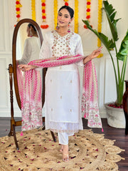 WHITE  COLOURED Women Embroidered Chanderi Kurta set