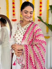 WHITE  COLOURED Women Embroidered Chanderi Kurta set