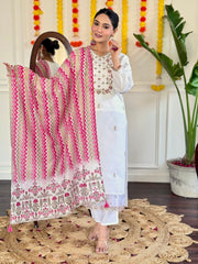 WHITE  COLOURED Women Embroidered Chanderi Kurta set