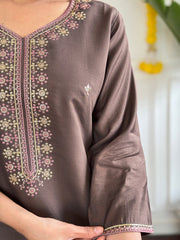 GREY COLOURED Women Embroidered Chanderi Kurta set