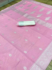 Baby Pink soft Linen cotton woven saree