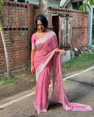 Baby Pink soft Linen cotton woven saree