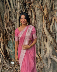 Baby Pink soft Linen cotton woven saree