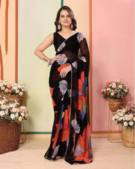 Black Floral print one minute ready to wear saree