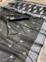 Black soft Linen cotton woven saree