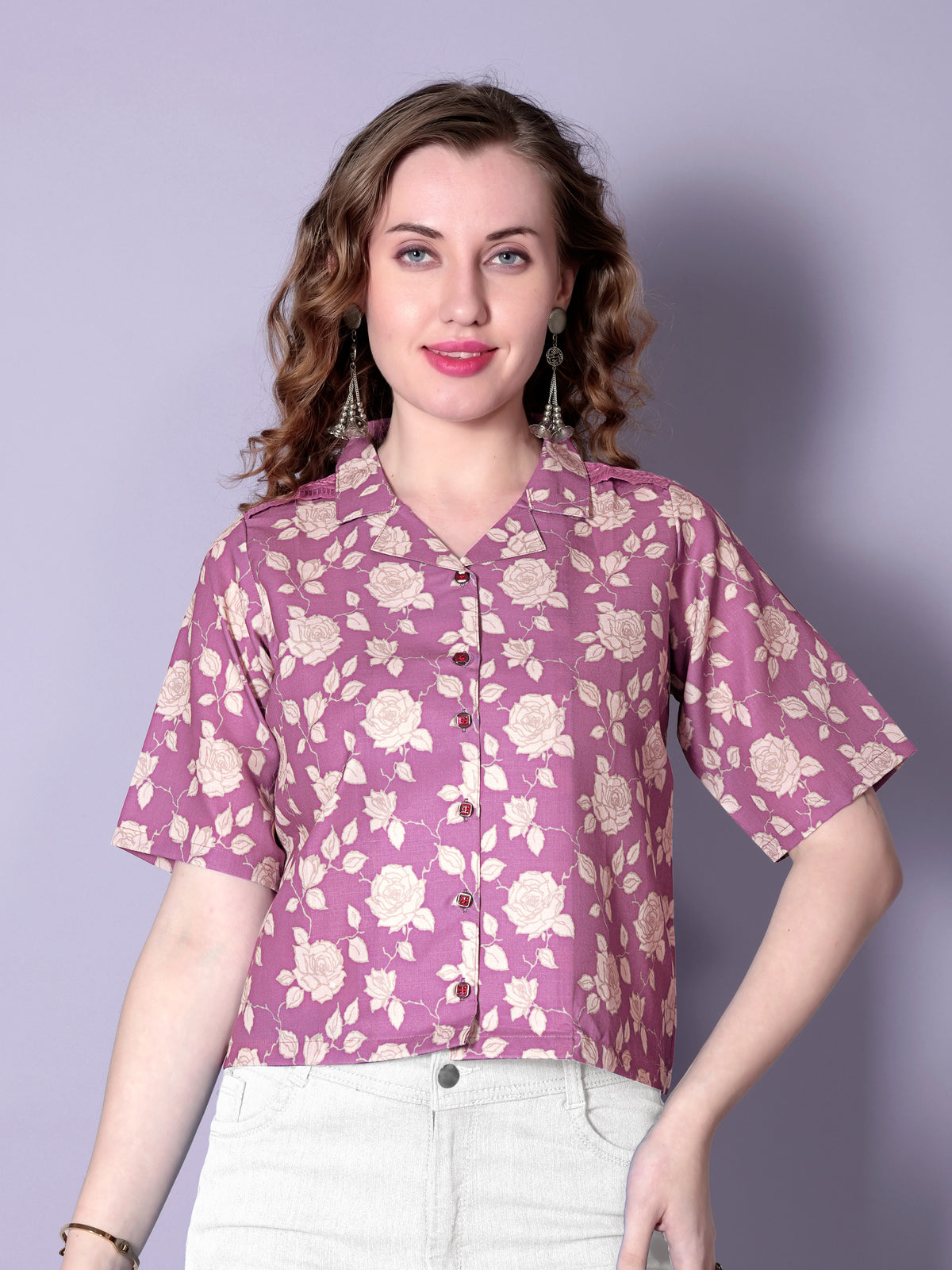 Pink Floral Printed Short-Sleeve Tunic for Women – Cotton Blend Casual Top | Stylish Daily & Office Wear Malaysia 2025