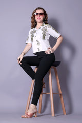 White Printed Short-Sleeve Tunic for Women – Cotton Blend Casual Top | Stylish Daily & Office Wear Malaysia 2025 (C-13)