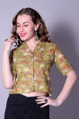 Women’s Olive Green Floral Printed Cotton Crop Shirt – Stylish Short Sleeve Casual Wear | Trendy Summer Fashion Malaysia 2025 (C-15)