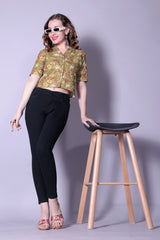 Women’s Olive Green Floral Printed Cotton Crop Shirt – Stylish Short Sleeve Casual Wear | Trendy Summer Fashion Malaysia 2025 (C-15)