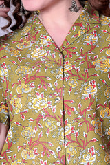 Women’s Olive Green Floral Printed Cotton Crop Shirt – Stylish Short Sleeve Casual Wear | Trendy Summer Fashion Malaysia 2025 (C-15)