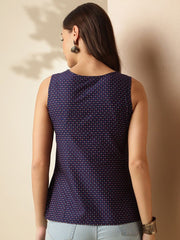 Women’s Navy Blue Ethnic Printed Sleeveless Cotton Top – Stylish Boat Neck Regular Fit | Casual & Office Wear Malaysia 2025