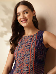 Women’s Navy Blue Ethnic Printed Sleeveless Cotton Top – Stylish Boat Neck Regular Fit | Casual & Office Wear Malaysia 2025