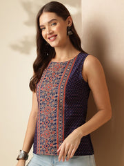Women’s Navy Blue Ethnic Printed Sleeveless Cotton Top – Stylish Boat Neck Regular Fit | Casual & Office Wear Malaysia 2025