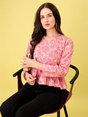 Pink Printed Bell-Sleeve Tunic for Women – Cotton Blend Long Sleeve Top | Stylish Casual & Office Wear Malaysia 2025