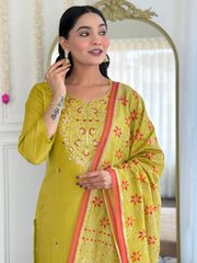 YELLOW  COLOURED WOMEN VISCOSE CHANDERI KURTA SET