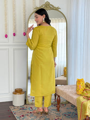 YELLOW  COLOURED WOMEN VISCOSE CHANDERI KURTA SET