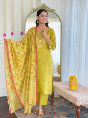 YELLOW  COLOURED WOMEN VISCOSE CHANDERI KURTA SET