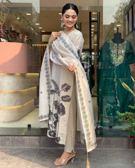 WHITE  COLOURED WOMEN  EMBROIDERY WORK KURTA SET