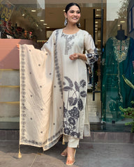WHITE  COLOURED WOMEN  EMBROIDERY WORK KURTA SET