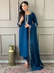 EMLY BLUE COLOURED WOMEN VISCOSE CHANDERI KURTA SET