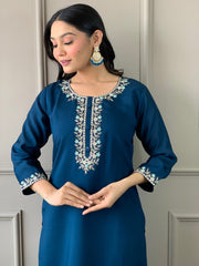 EMLY BLUE COLOURED WOMEN VISCOSE CHANDERI KURTA SET