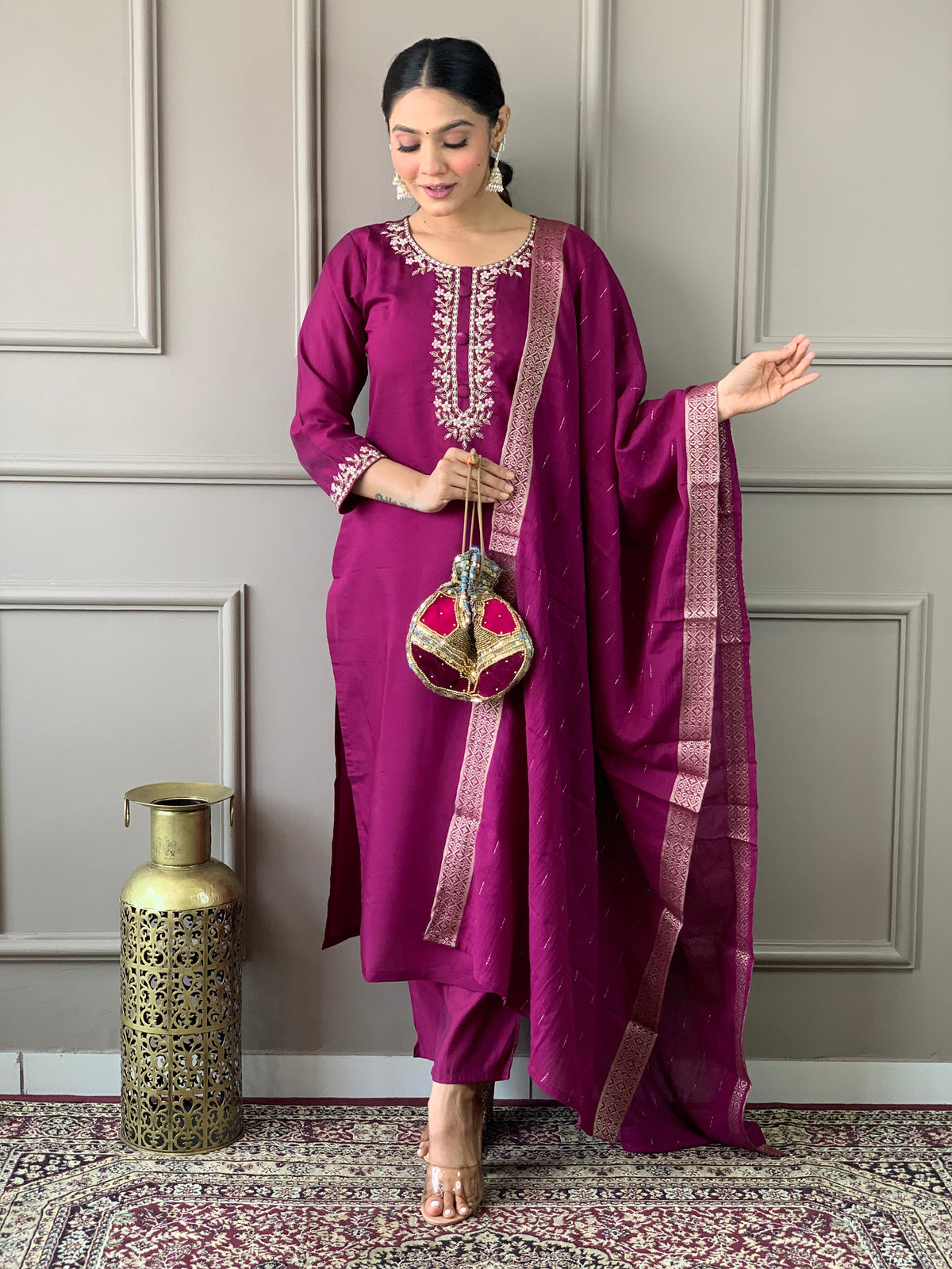 EMLY MAROON COLOURED WOMEN VISCOSE CHANDERI  KURTA SET