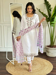 WHITE COLOURED WOMEN  EMBROIDERY WORK KURTA SET
