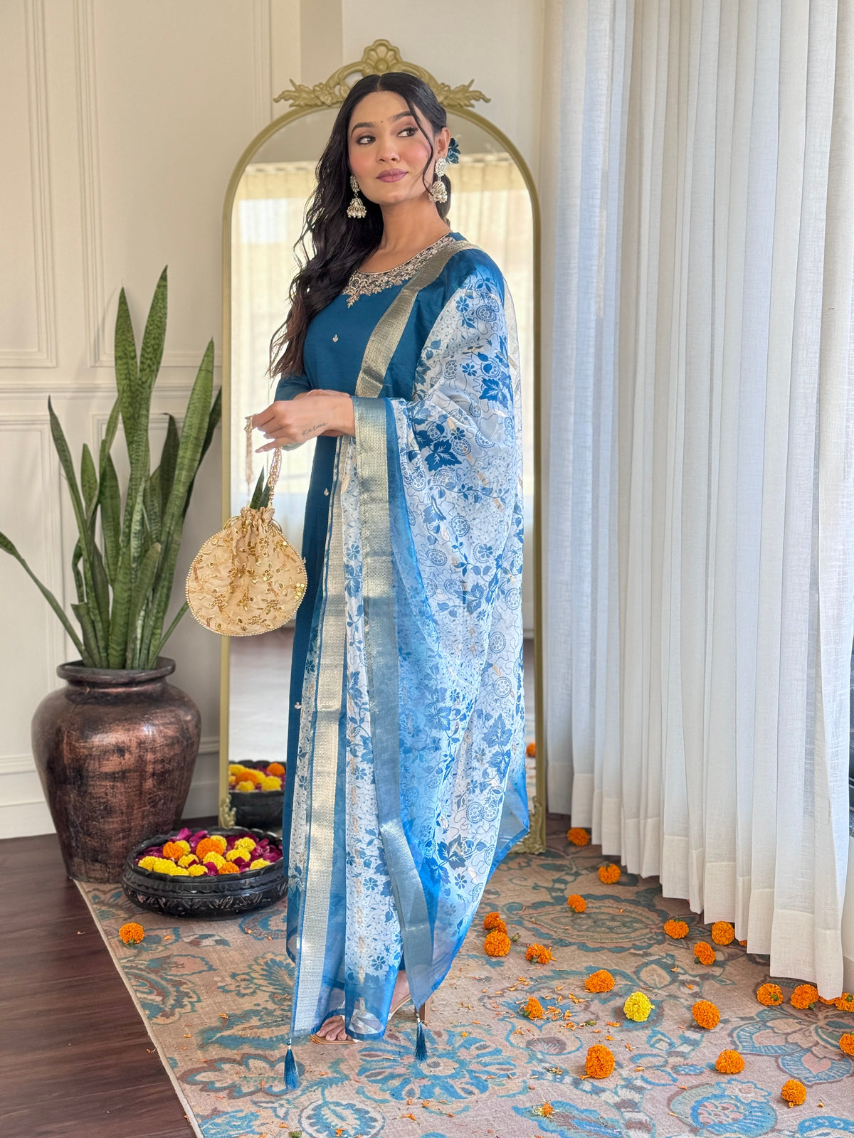 Women's BLUE Roman silk Embroidered Straight Kurta with pant and dupatta setS