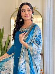 Women's BLUE Roman silk Embroidered Straight Kurta with pant and dupatta setS