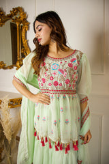Pista Green Partywear Floral Embroidered Georgette Palazzo Suit With Dupatta