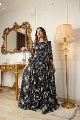 BLACK ETHNIC MOTIFS GEORGETTE MAXI DRESS