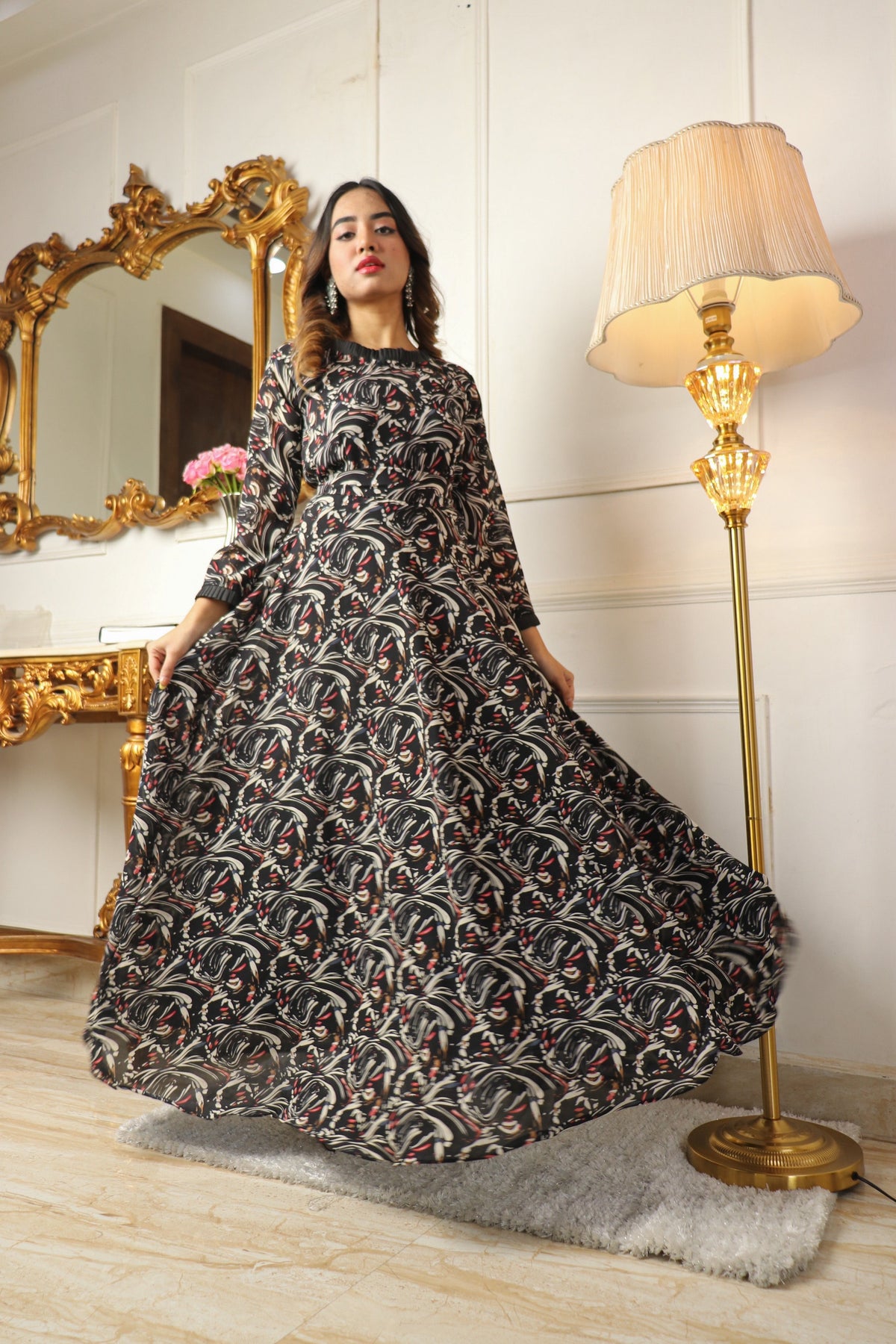 Black Printed Georgette Gown