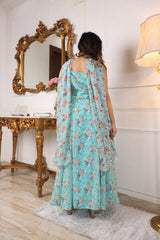 WOMEN GREEN FLORAL PRINTED PLEATED KURTA WITH CHURIDAR & WITH DUPATTA