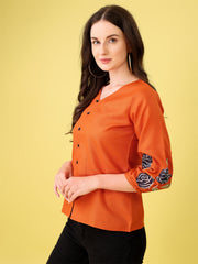 Saffron Embroidered Bell-Sleeve Tunic for Women – Stylish Cotton Blend Solid Top | Elegant 3/4 Sleeve Casual & Office Wear Malaysia 2025 (C-04)