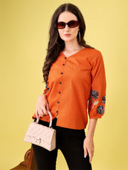 Saffron Embroidered Bell-Sleeve Tunic for Women – Stylish Cotton Blend Solid Top | Elegant 3/4 Sleeve Casual & Office Wear Malaysia 2025 (C-04)