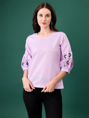 C-03 Pink Embroidered Bell-Sleeve Tunic for Women – Stylish Cotton Blend Solid Top | Elegant 3/4 Sleeve Casual & Office Wear Malaysia 2025