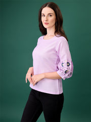 C-03 Pink Embroidered Bell-Sleeve Tunic for Women – Stylish Cotton Blend Solid Top | Elegant 3/4 Sleeve Casual & Office Wear Malaysia 2025