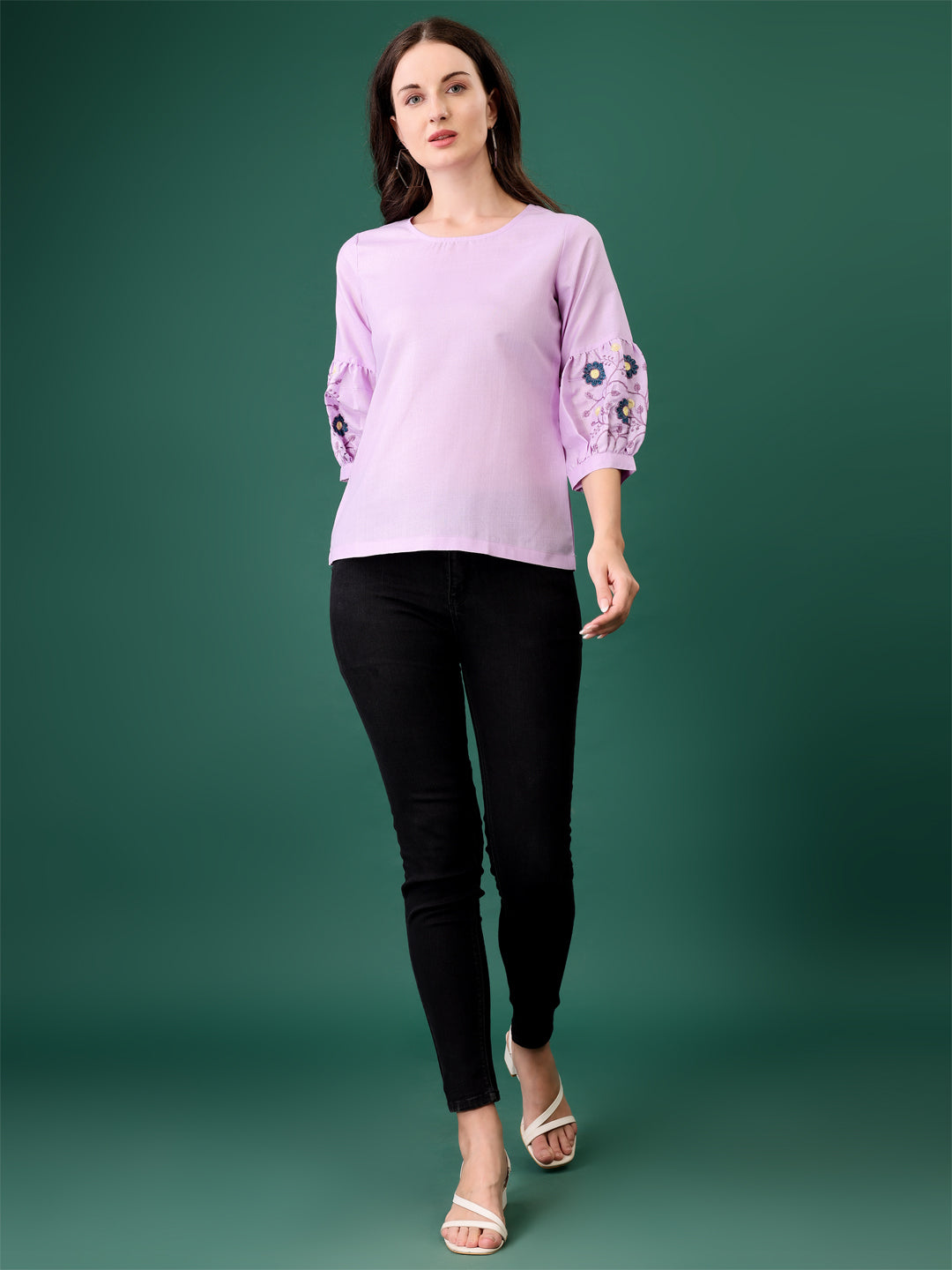 C-03 Pink Embroidered Bell-Sleeve Tunic for Women – Stylish Cotton Blend Solid Top | Elegant 3/4 Sleeve Casual & Office Wear Malaysia 2025