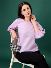 C-03 Pink Embroidered Bell-Sleeve Tunic for Women – Stylish Cotton Blend Solid Top | Elegant 3/4 Sleeve Casual & Office Wear Malaysia 2025