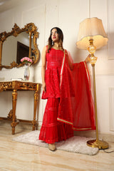 Red Sequins Embroidered Georgette Sharara Suit