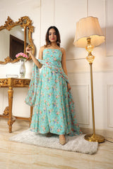WOMEN GREEN FLORAL PRINTED PLEATED KURTA WITH CHURIDAR & WITH DUPATTA