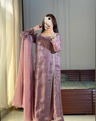'Soft Glamour Mirror Selfie in Pastel Mauve Embellished Outfit'