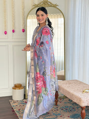 GREY COLOURED  WOMEN'S CHANDERI SILK   EMBROIDERED   KURTA  WITH PANT DUPATTA  SET