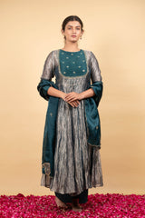 Green Anarkali Pure Handwoven Tissue Silk Embroidery Zari Thread Round Set