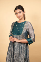 Green Anarkali Pure Handwoven Tissue Silk Embroidery Zari Thread Round Set