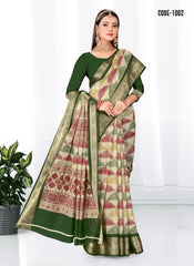 Geometric Print Zari border Soft cotton saree with blouse for women