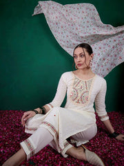 WHITE  COLOURED WOMEN'S  EMBROIDERY  KURTA SET