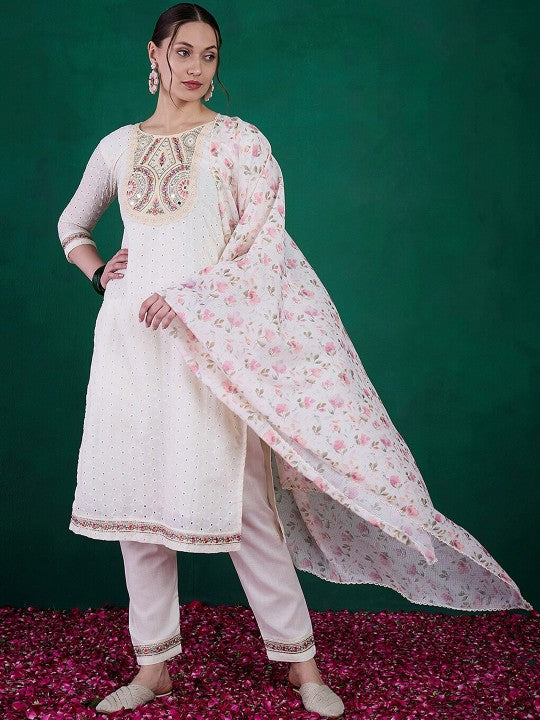 WHITE  COLOURED WOMEN'S  EMBROIDERY  KURTA SET