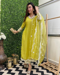 PISTA YELLOW   COLOURED WOMEN'S  EMBROIDERY KURTA SET