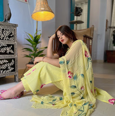 KAVERI YELLOW  COLOURED WOMEN'S VISCOSE FRENCH CREPE KURTA SET